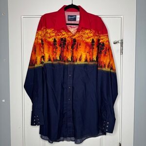 Vintage Wrangler Western Pearl Snap Shirt Mountain Orange Navy Forrest Fire XL